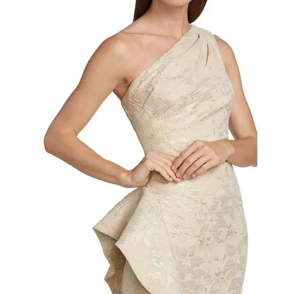 Teri Jon by Rickie FreemanOne-Shoulder Jacquard Rouched Side-Peplum Dress